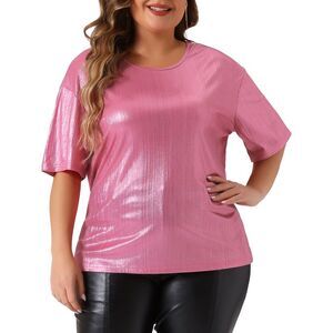 Plus Size Blouse Metallic Round Neck Short Sleeve Party Tee Top Dark Pink